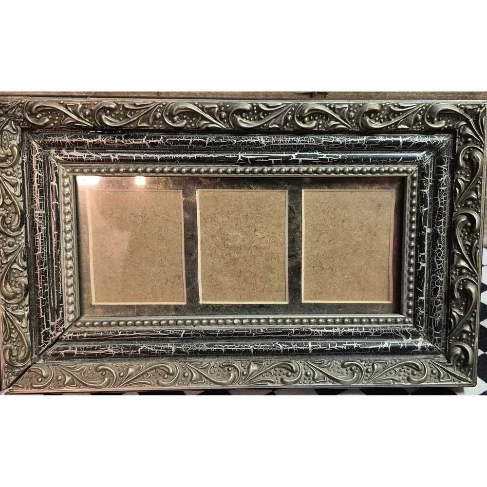 Vintage Style Triple Collage Photo Frame Ornate Black Silver Crackle 3 Opening